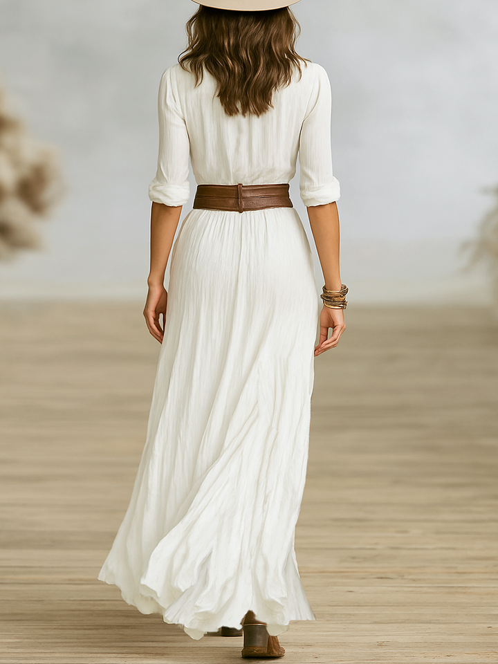 Maxi Linen Dress with Inverted Collar